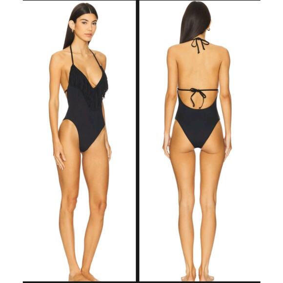 L*Space Desert Days Swimsuit XL Large Black Fringe V Neckline One-Piece NWT $198 - Picture 2 of 7